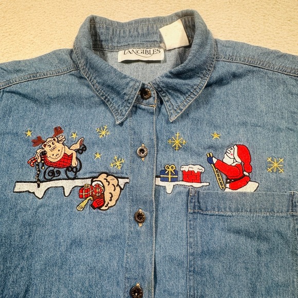 Vintage Tangibles Womens Denim Button Shirt Santa Christmas Embroidered XL - Picture 2 of 7